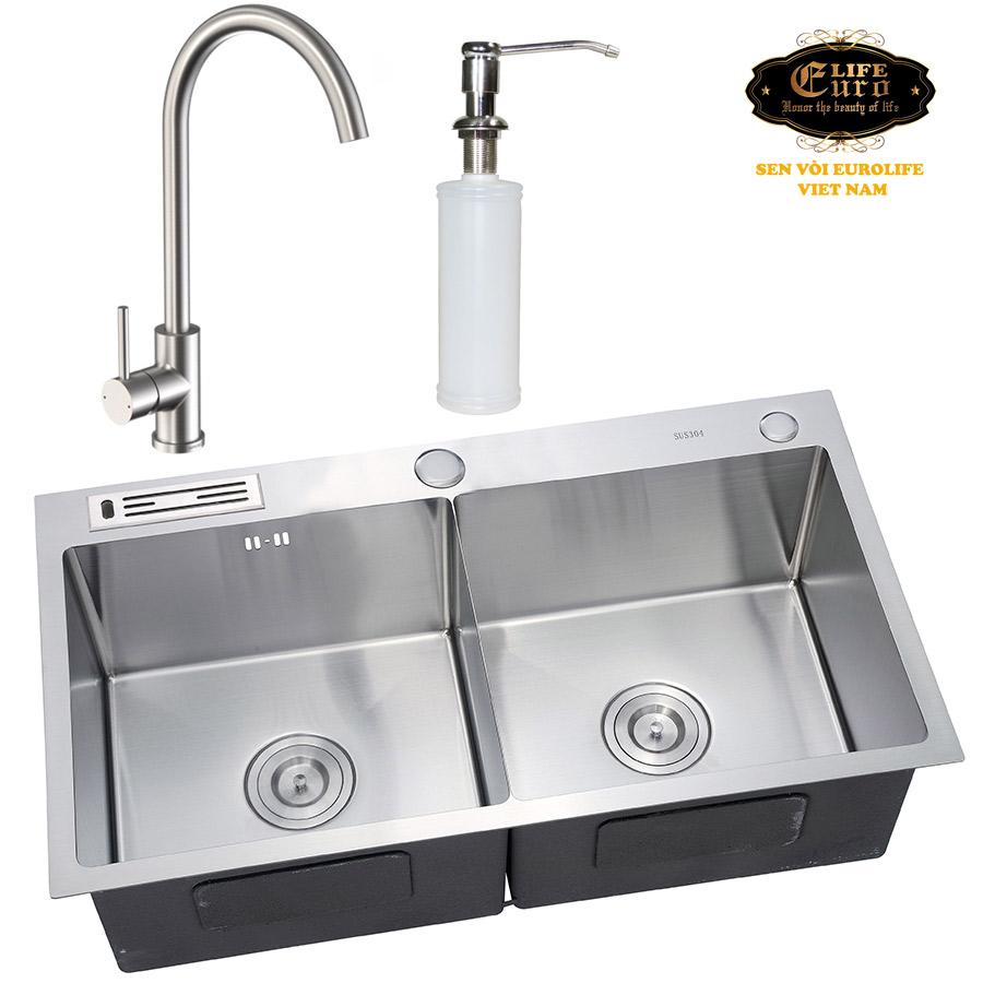 Chậu rửa chén Handle Eurolife EL-C21 (Trắng bạc) + Bình xịt nước rửa chén Eurolife C11 (Trắng bạc) + Vòi rửa chén nóng lạnh Inox SUS 304 nguyên khối Eurolife EL-T003 (Trắng vàng)