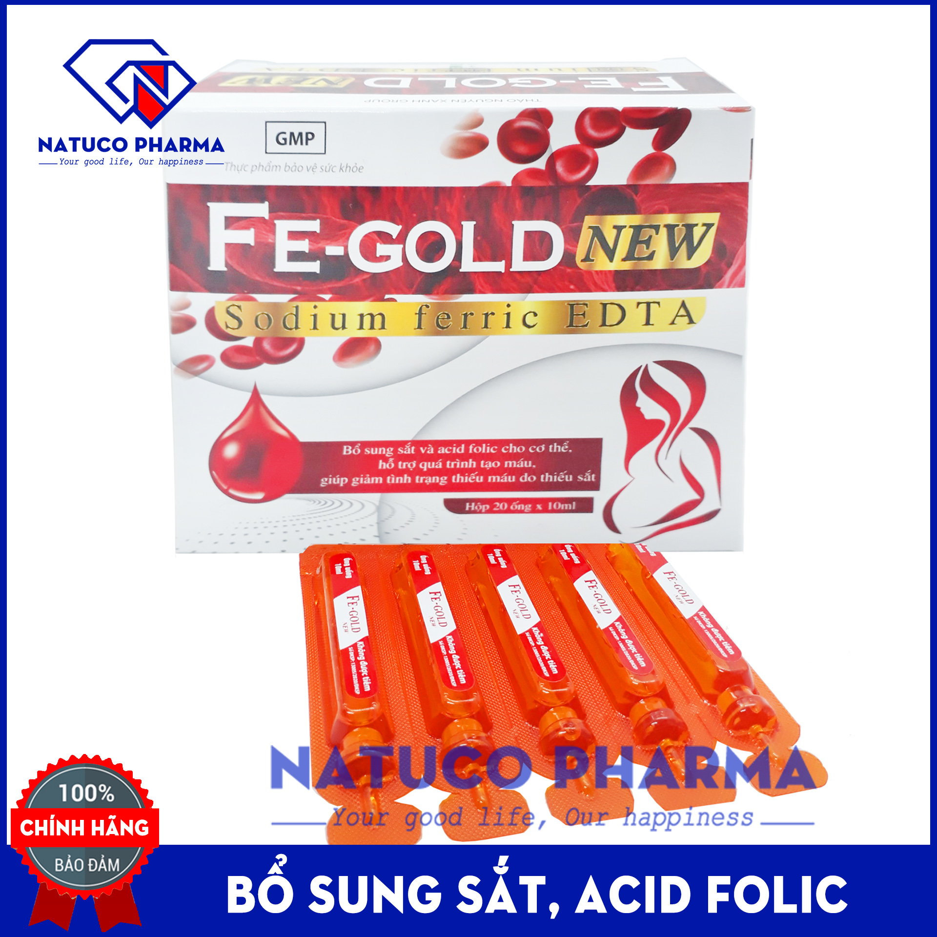 Siro Bổ máu FE GOLD NEW Bổ sung sắt, Acid Folic cho bà bầu và trẻ từ 2 tuổi - Dạng siro an toàn, dễ uống - Hộp 20 ống 10ml-Hàng chính hãng kiểm tra mã vạch bằng ICHECK