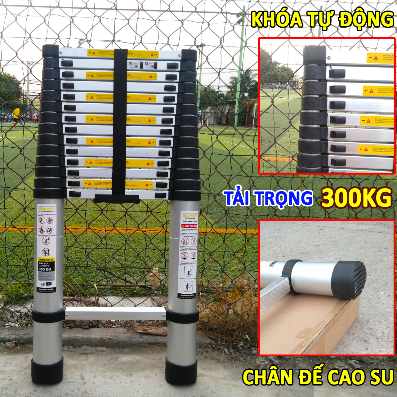 Thang nhôm rút đơn xếp gọn 5m1 SUMIKA SK 510 New ( màu bạc ). An toàn – Tiện lợi – Tiết kiệm ,15 bậc, tải trọng 300kg, bảo hành 2 năm.