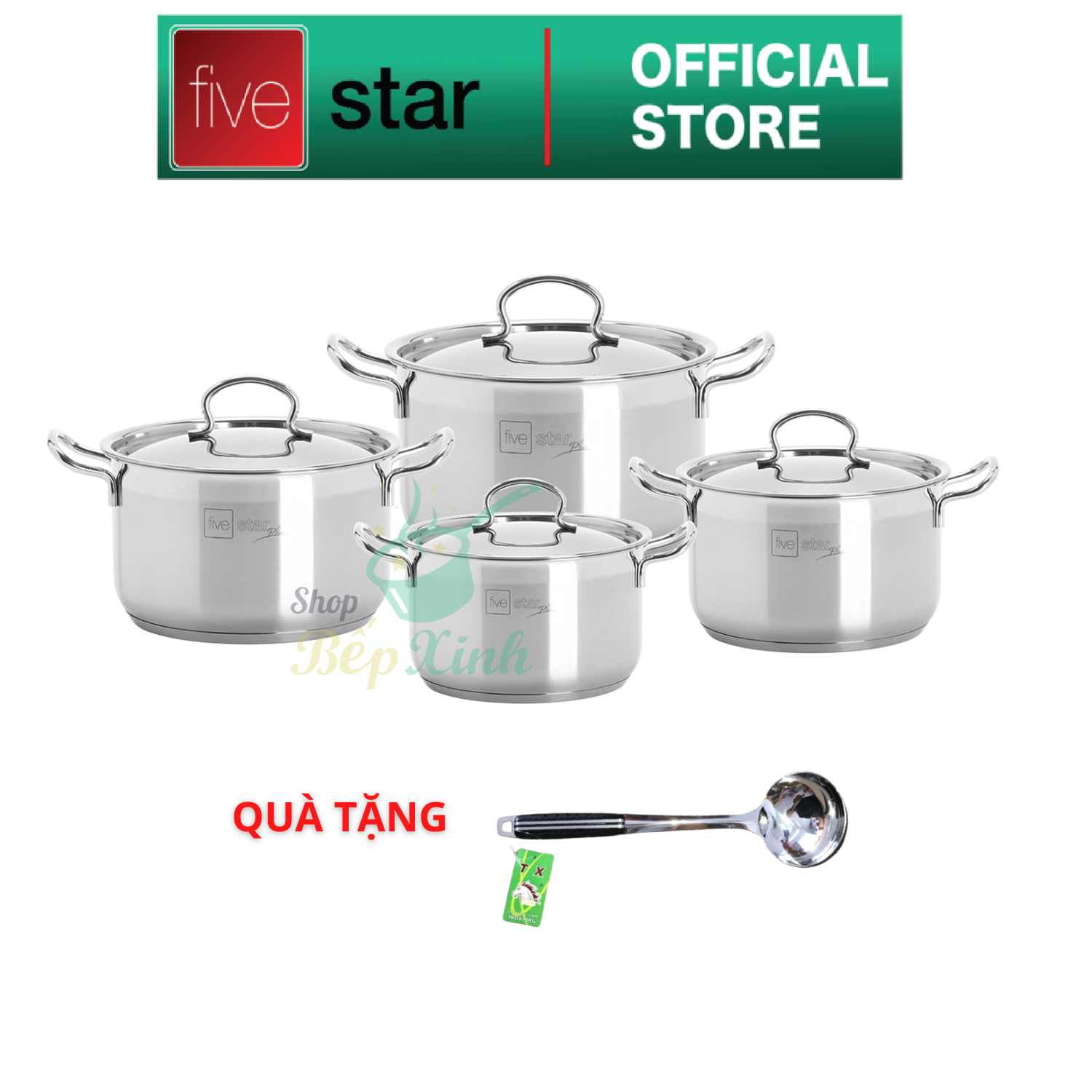 Bộ nồi inox 304 cao cấp đáy từ FiveStar Plus Vancover 4 chiếc nắp inox , 3 đáy dùng được mọi bếp , tặng 1 vá canh - Shop Bếp Xinh