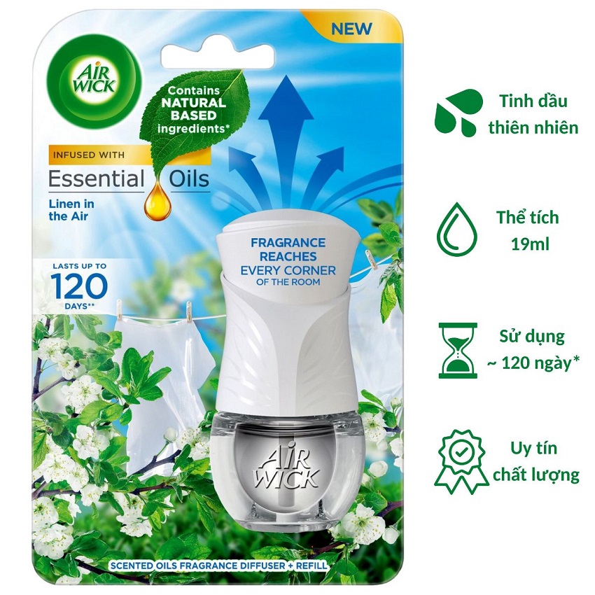Bộ Tinh Dầu Cắm Điện Air Wick AWK2236 Linen in the Air 19ml (Hương hoa táo), sử dụng điện 220V, làm thơm phòng nhanh chóng