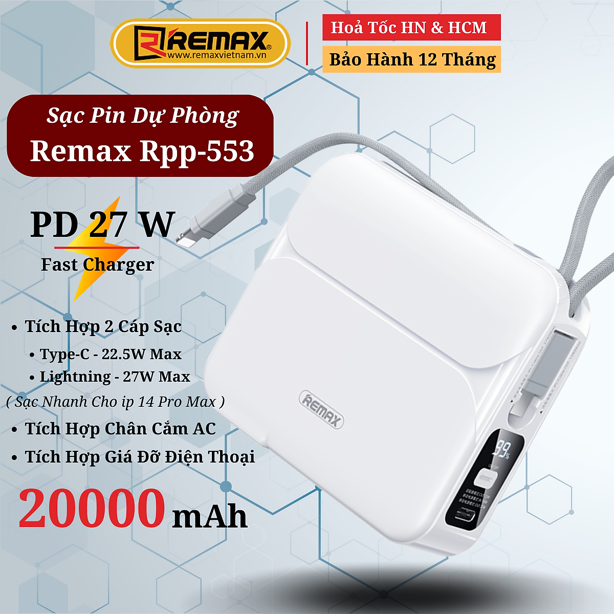 Củ sạc kiêm sạc dự phòng đa năng 3in1 20000mAh Remax RPP-553 Sản phẩm nhỏ gọn, dung lượng lớn 20.000mAh cùng khả năng sạc nhanh PD 27W mang lại nhiều tiện ích trong quá trình sử dụng.