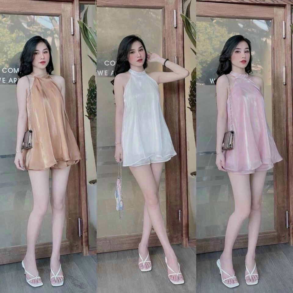 Set áo cổ yếm bóng cực xinh siêu đẹp đi chơi dạo phố, set bộ đồ nữ áo yếm kèm quần đùi vải tơ siêu xinh, set áo yếm và quần short đùi dx