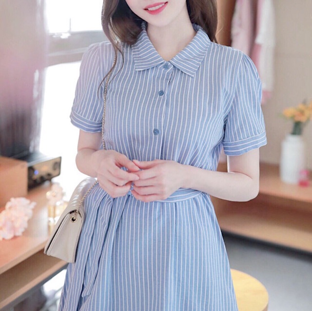 [HCM]Đầm sọc xanh xẻ tùng