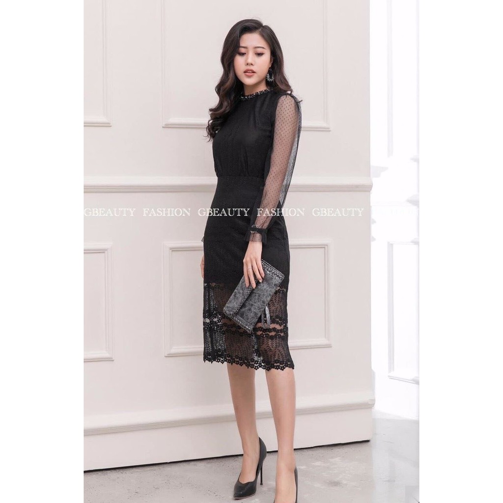 G Beauty Đầm Ren Đen phối tay bi