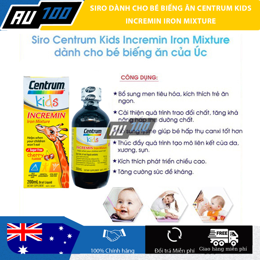 [CHÍNH HÃNG] Siro Centrum Kids 200ml Incremin Iron Mixture - HÀNG ÚC [ Bổ sung lysin, vitamin nhóm B và sắt dành riêng cho bé biếng ăn, kém hấp thu] - AU100