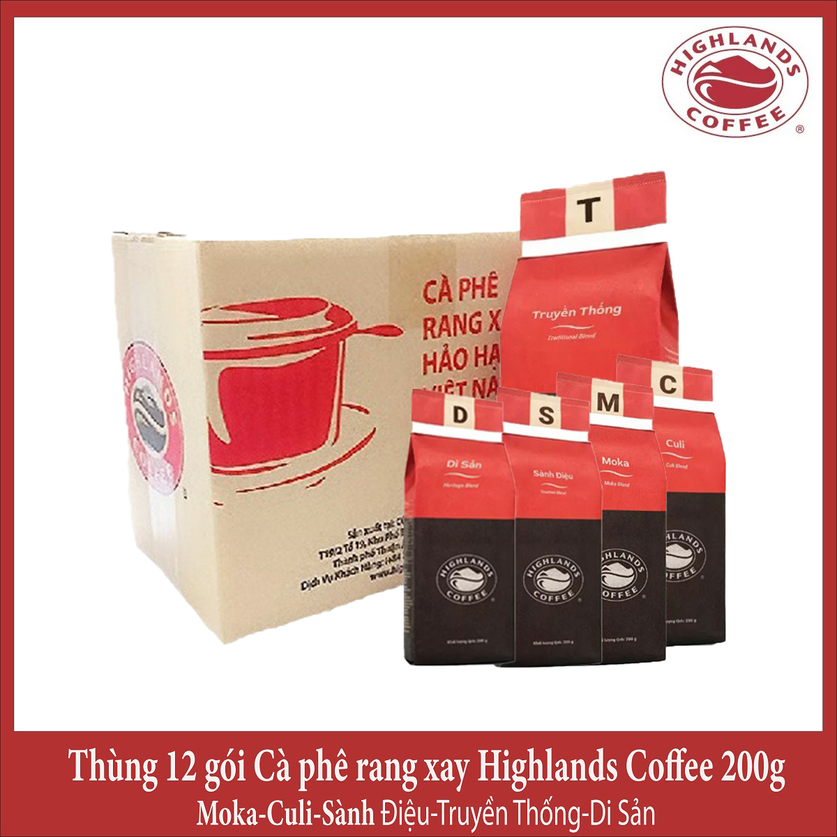 Thùng 12 gói Cà phê Rang xay Highlands Coffee 200g