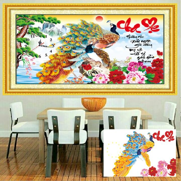 Tranh Đính Đá Cha Mẹ Đồng Hồ LV355 80*50cm (TRANH TỰ ĐÍNH)