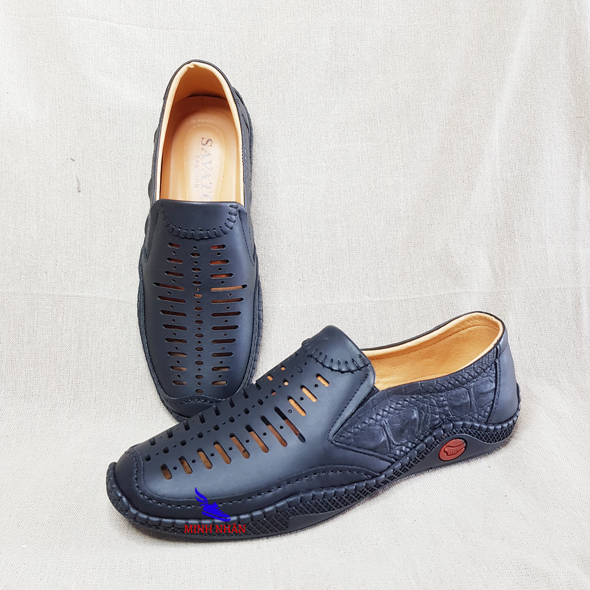 Minh Nhân - Giày lười nam giày mọi nam da bò đục lỗ đẹp thoáng khí Giày mùa hè nam da bò H-2 màu đen