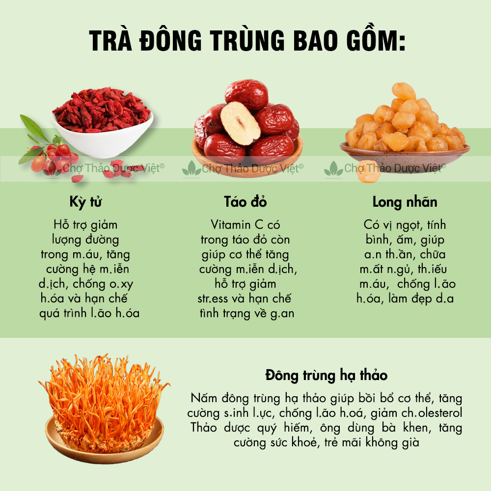 Set 5-10 gói trà đông trùng hạ thảo mix sẵn (Trà tứ vị bồi bổ sức khỏe, dưỡng nhan, tăng cường sức đề kháng)