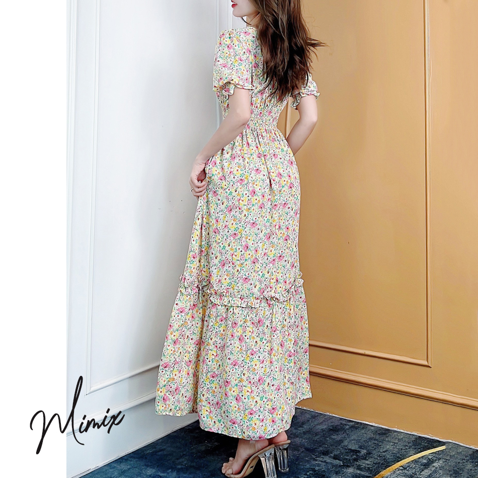 Đầm maxi hoa eo bo chun tay lửng MIMIX BJ6185