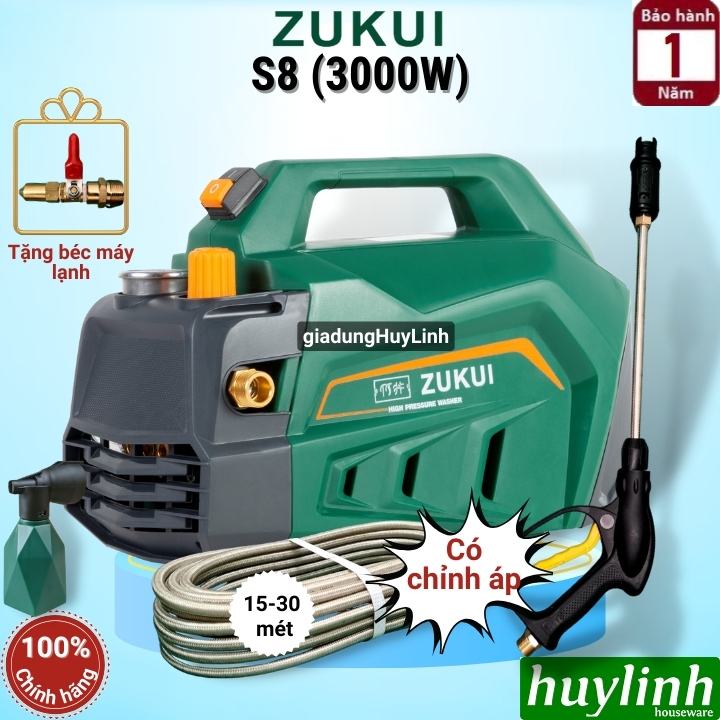 Máy xịt rửa xe chỉnh áp zukui s8 - 3000w - model 2022 - tặng béc rửa máy lạnh, điều hoà