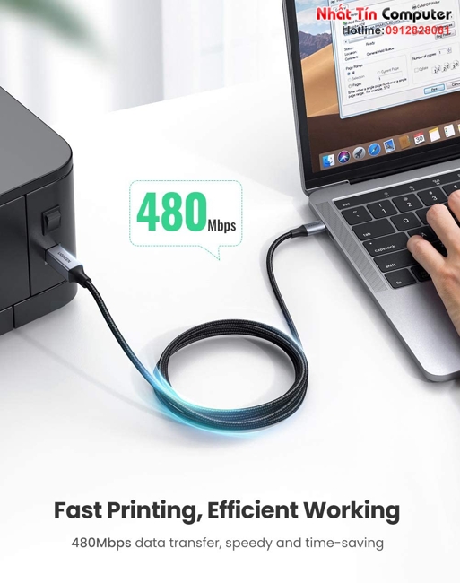 Cáp máy in USB Type-C to USB Type-B dài 2M bọc dù Ugreen 80807 cao cấp