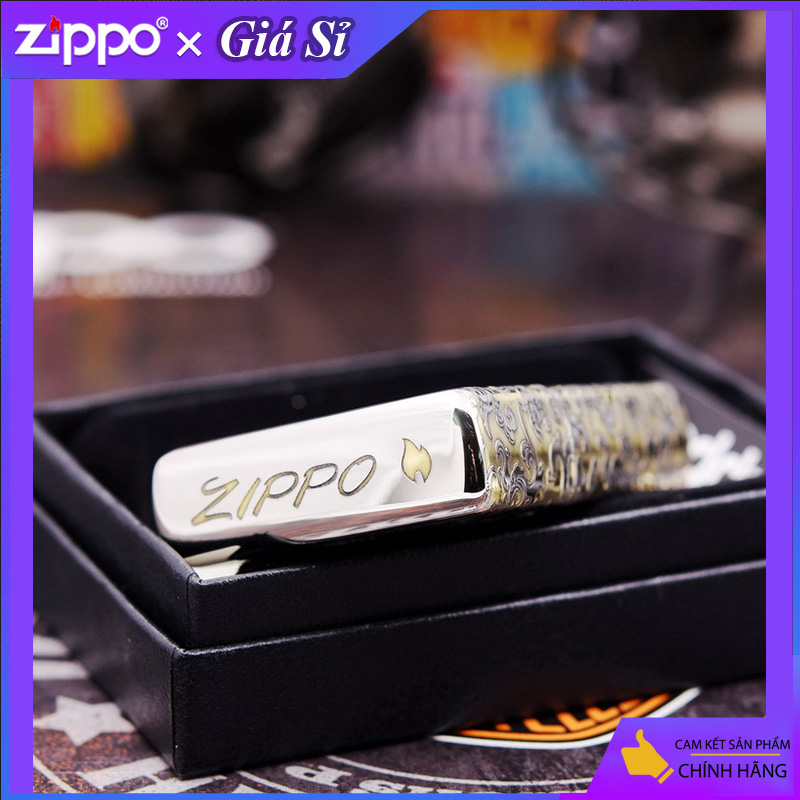 Bật lửa Zippo khắc Rồng châu Á bản tiêu chuẩn mạ Chrome