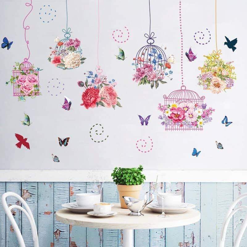 [HCM]DECAL DÁN TƯỜNG LỒNG CHIM HOA SẮC MÀU