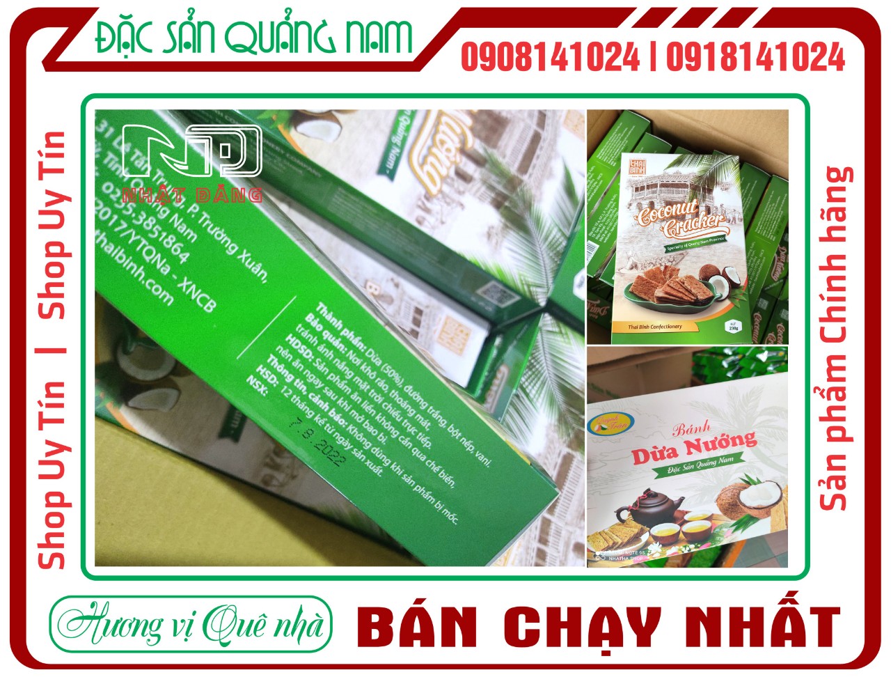 Bánh dừa nướng Thái Bình hộp 250g, giòn béo, thơm ngon - Đặc sản Quảng Nam