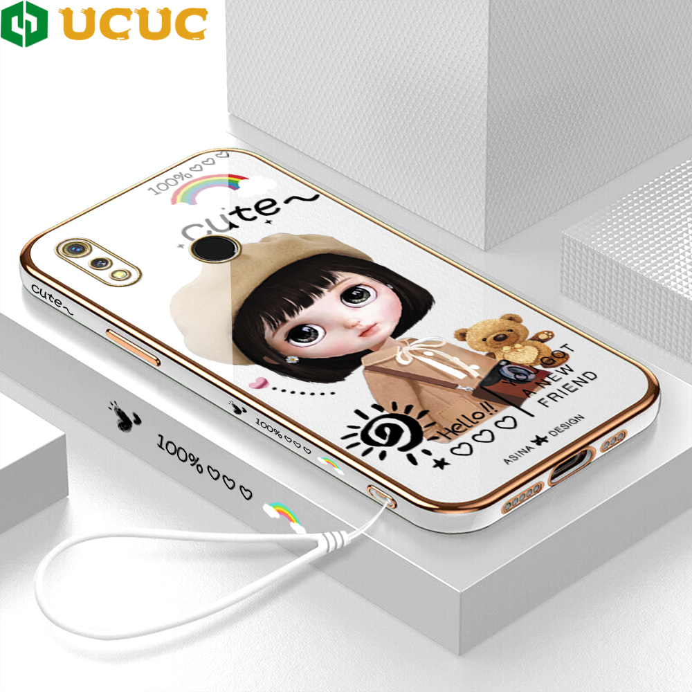 UCUC Case Casing Hp Realme 3 Realme3 realmi3 Case Free Lanyard + Cartoon Cute Girl Square Edge Pattern Casing Plated Phone Shell Luxury Plating Soft Phone Case