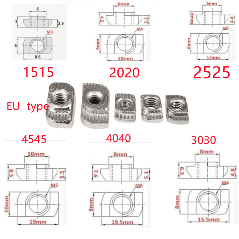 10-100 cái búa rãnh chữ t đai ốc m3 m4 m5 m6 m8 t rãnh trượt giảm nhanh 1515 2020 2525 3030 4040 4545 đùn nhôm châu âu