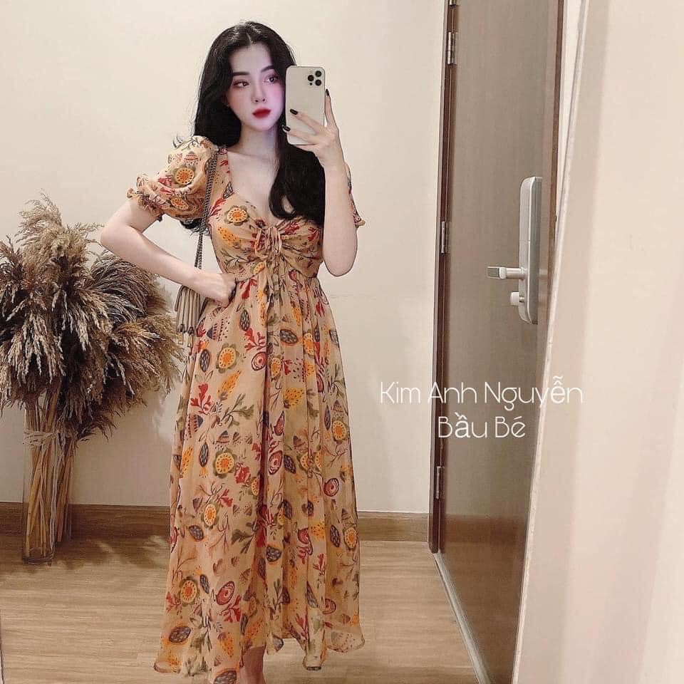 Váy hoa vàng buộc nơ ngực