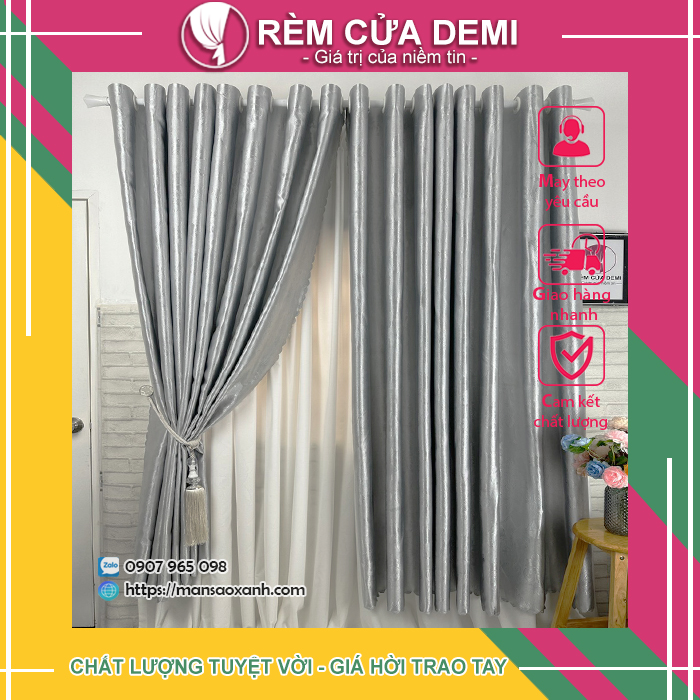 [Rèm cửa Demi] Rèm phòng, rèm cửa sổ MÀU XÁM BẠC - Chất liệu: Gấm cao cấp cản sáng tốt, họa tiết hoa văn. Ghi chú: Nhận số đo theo yêu cầu.