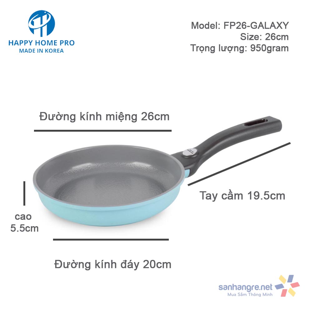 Chảo chống dính tráng sứ Galaxy 5 lớp Ceramic Happy Home Pro 20cm - Made in Korea - Dùng bếp từ