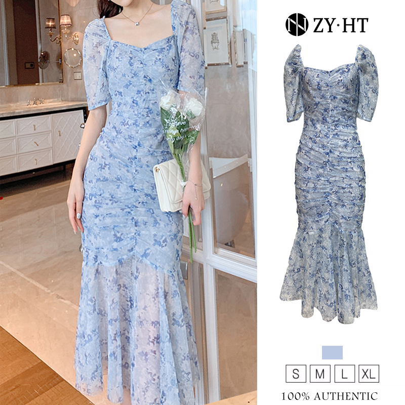 ZYHT eravogue đầm đuôi cá thiết kế xếp li cổ áo vuông Đầm voan Hoa váy midi phong cách hàn quốc 4860