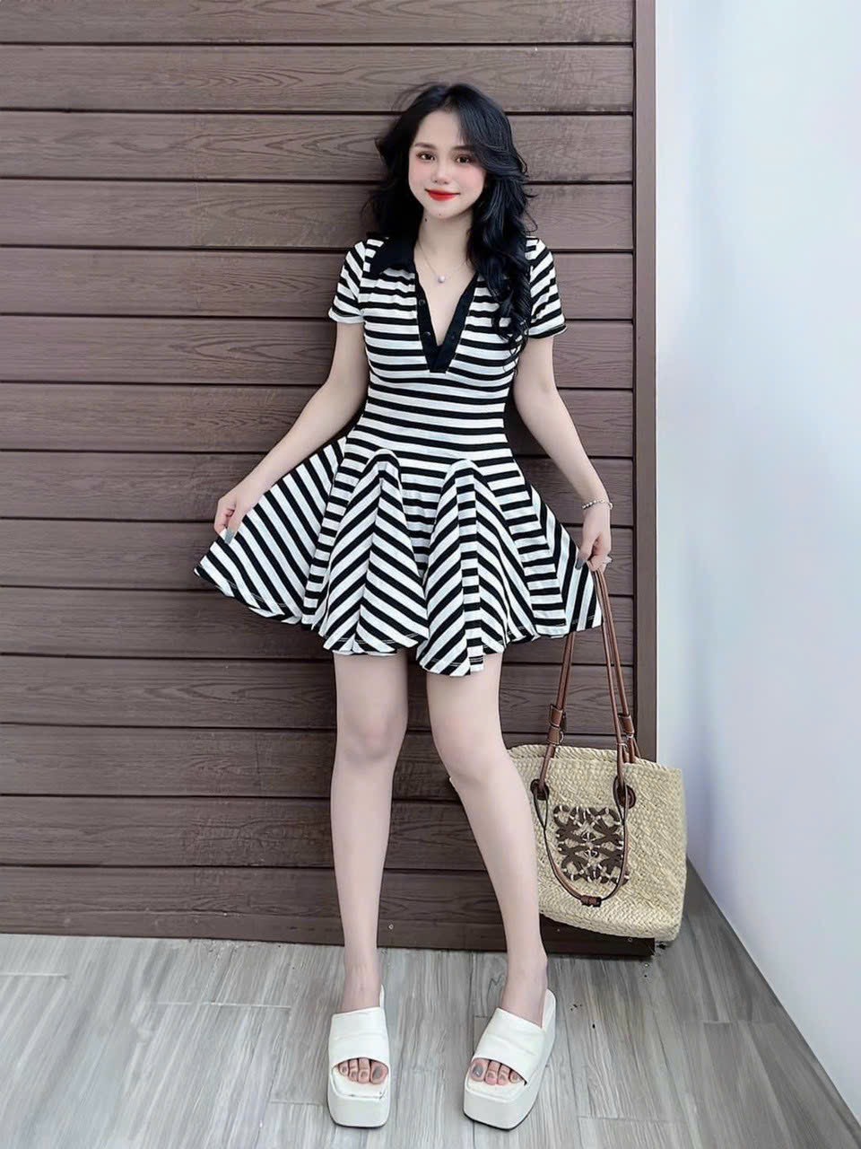 Đầm nữ bánh bèo chất thun len tăm mặc đi chơi cổ sơmi phối viền tay ngắn váy xoè xinh xắn