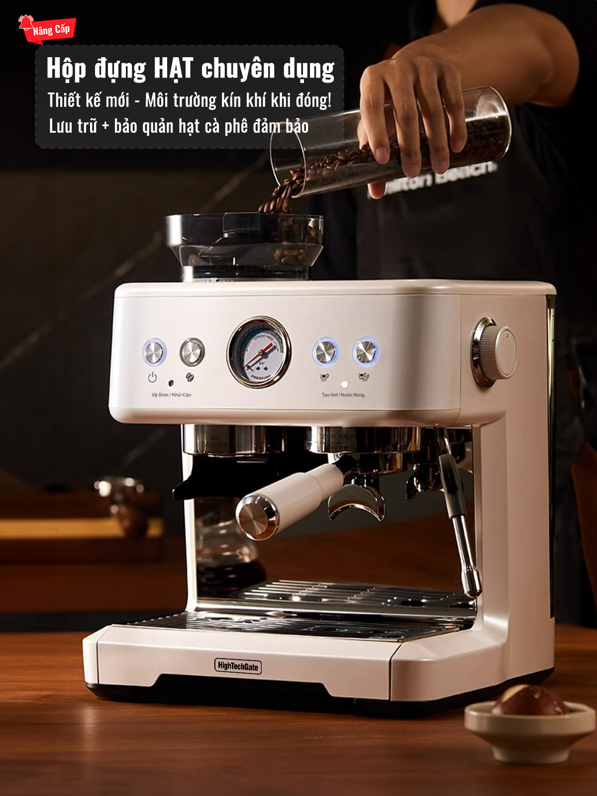 Máy pha cafe espresso CF07PLUS nâng cấp tích hợp xay 20 mức độ, với 2 boilers độc lập cùng·chế độ định lượng flow meter, họng pha inox 58mm
