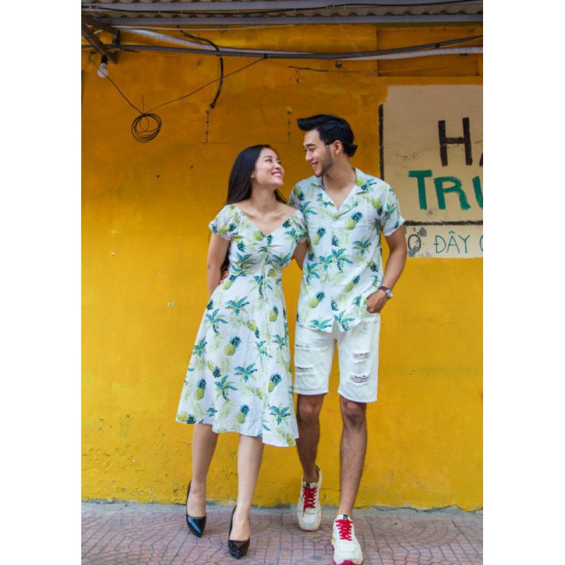 Set đôi hoa quả, áo váy đi biển chất tơ đũi