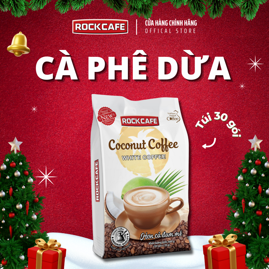RockCafe - Cà phê hòa tan 3 trong 1 - Vị Dừa độc đáo - Thơm ngon - Tinh khiết - Chuẩn vị cafe Việt - Túi 30 gói x 20gr