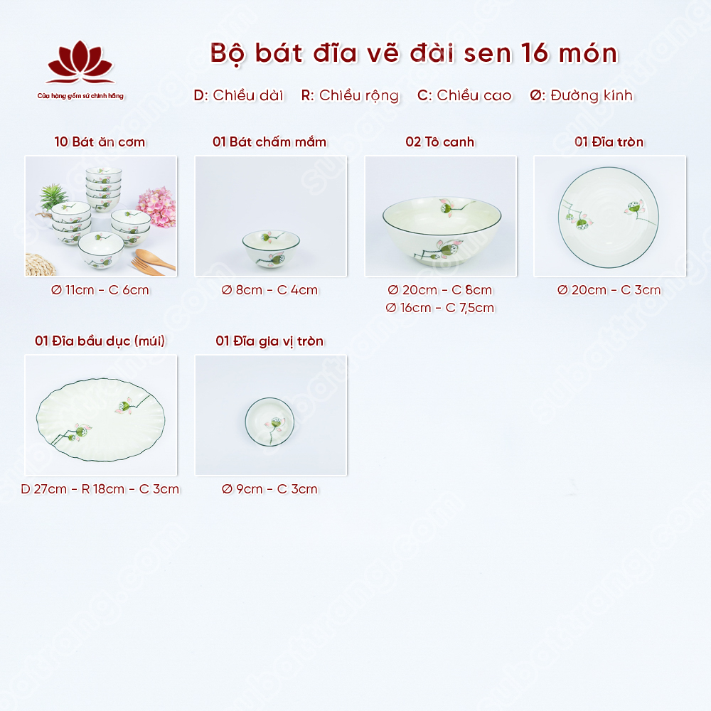 Bộ bát đĩa vẽ đài sen cao cấp Bát Tràng