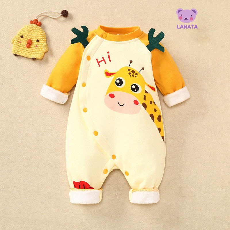 Body nỉ bông cho bé Hình thú ấm áp bộ body cho bé sơ sinh thu đông mẫu áo liền quần, bodysuit cho bé 0-12M