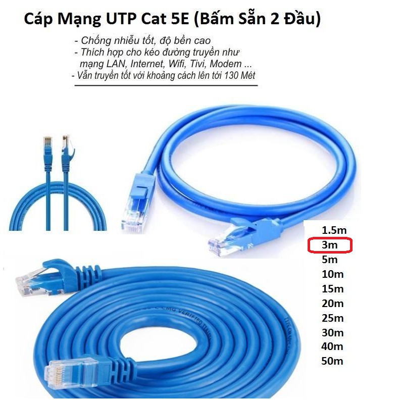 Cáp mạng (Lan) 3 mét đúc sẵn 2 đầu (xanh) Cat5E