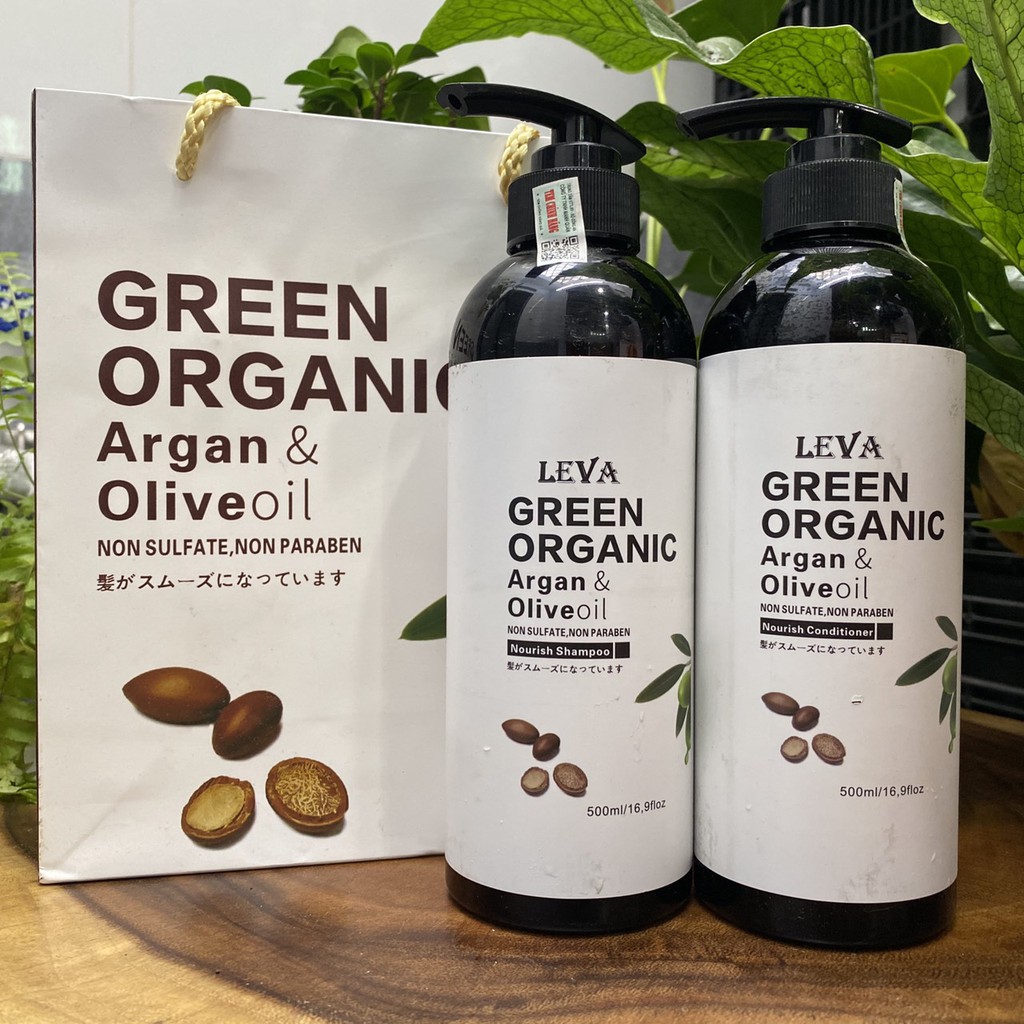 Dầu gội xả siêu mượt phục hồi LEVA Green Organic Argan & Olive oil 800mlx2