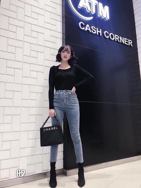 [Giá Hủy Diệt] Quần Bò Jean Cạp Cao Đính 2 Khuy Đen, Xanh