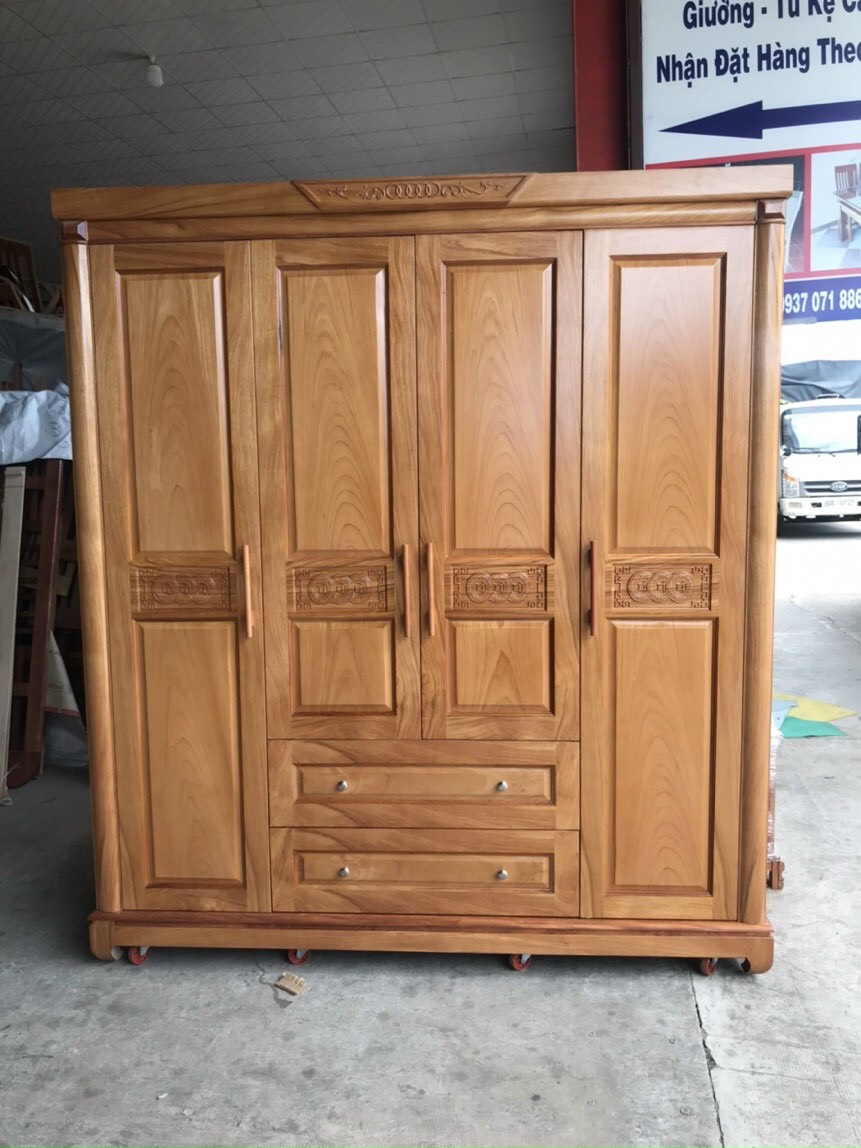 [Trả góp 0%] TỦ ÁO GỖ GÕ ĐỎ MẪU TRƠN 4 CÁNH NGANG 1M8 - 2M, TỦ QUẦN ÁO GỖ