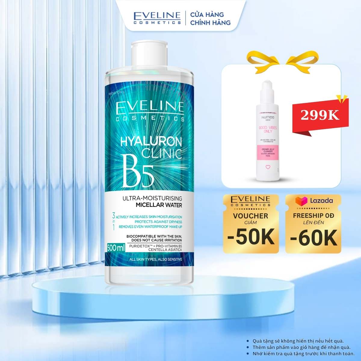 Nước tẩy trang Eveline Hyaluron Clinic B5 dưỡng ẩm 3 trong 1 500ml