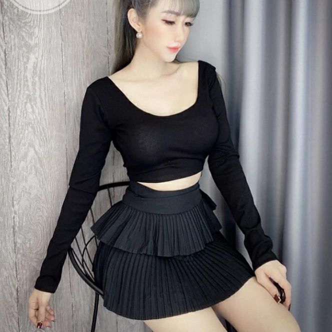 ÁO THUN LỤA CỔ RỘNG DÁNG CROPTOP TAY DÀI FORM 50 KG TRỞ LẠI
