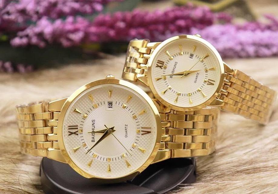 đồng hồ đôi nam nữ Bashuns dây vàng mặt trắng,BS0333 chống nước