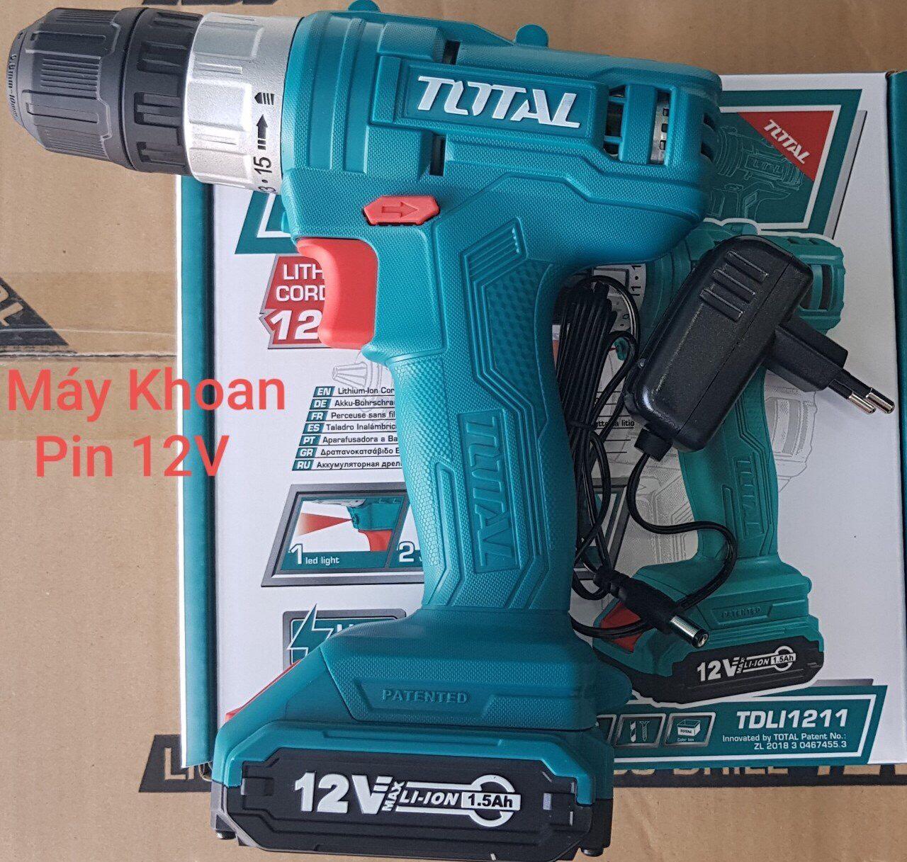 "Máy khoan pin cầm tay 12V 10mm Total TDLI1211 tốc độ 600v/p, lực siết 20nm, khả năng khoan 10mm, có chỉnh tốc, kèm theo 1 pin 2ah, 1 sạc, 2 mũi siết vít máy bắn vít"