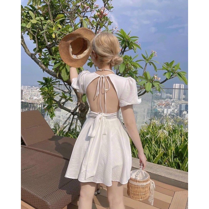 Đầm (có bigsize) trắng cột eo có mút ngực hở lưng cutout H35 (lyly.shop1509)