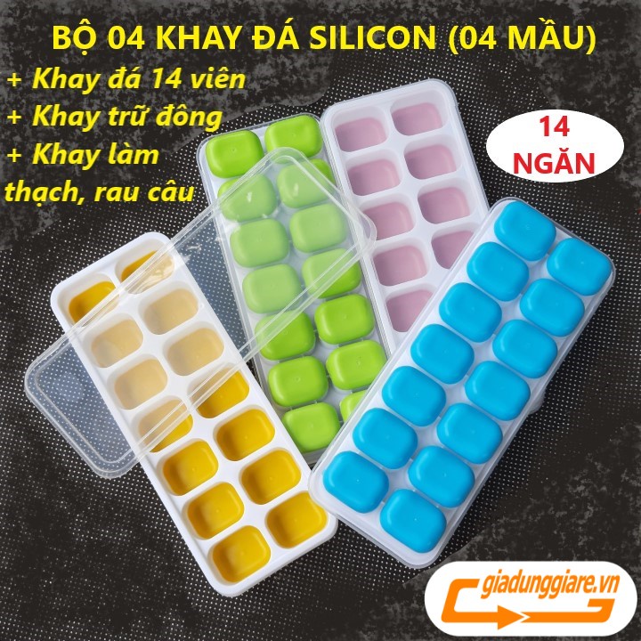 Set 04 Silicon ice tray 14 compartment, 4 color with cover non-stick food odors, do vegetables fishing, ice cream, Tray storage freezer food miles