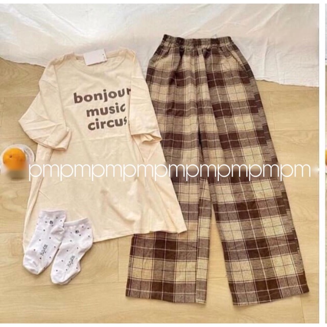 Sét áo bonj + quần karo , áo kiểu nữ, áo thun nam nữ, quần khaki, quần nữ, sét bộ mặc ở nhà, áo thun tay dài, quần jean ống rộng - LEEDA