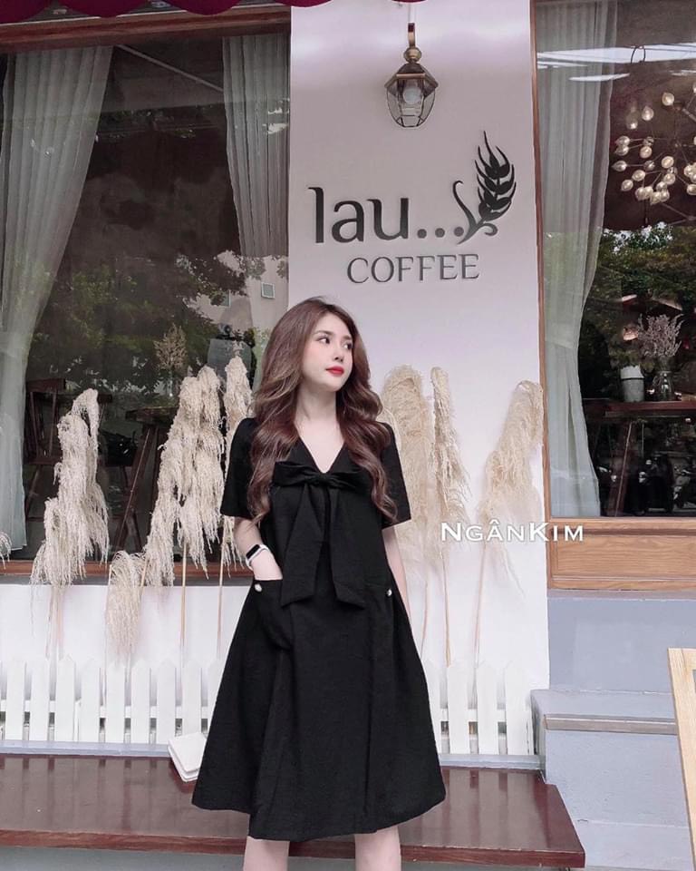 Váy suông thắt nơ 2 túi chất đũi xinh xắn