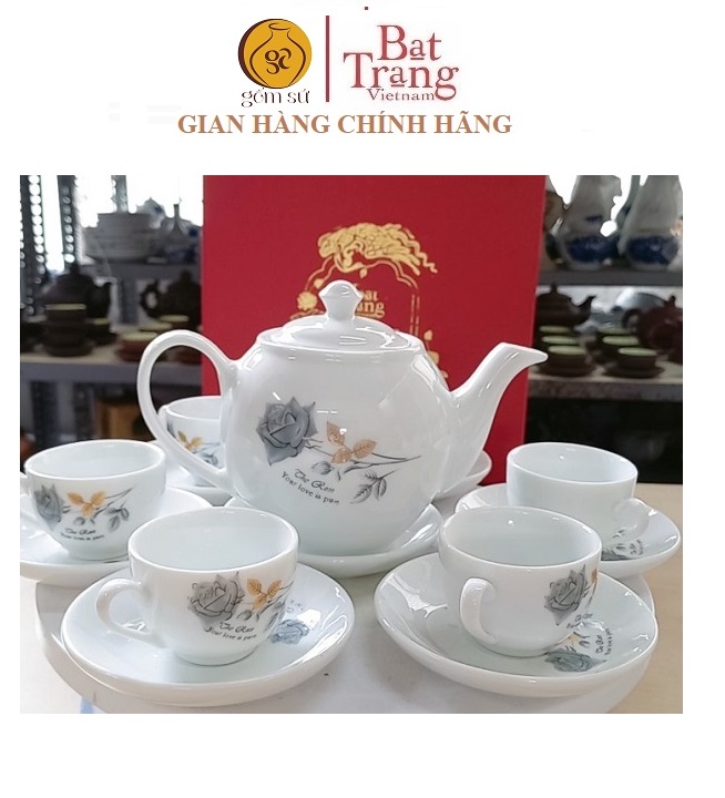 Bát Tràng - Bộ ấm chén uống trà dáng cao hình hoa hồng xanh cỡ S2