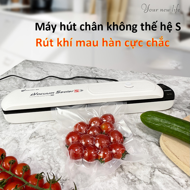 Máy Hút Chân Không Vacuum Sealer S, Ép Chân Không Thực Phẩm Gia Đình Khô Và Ướt Hàn Miệng Túi với mọi loại bịch, Lực Hút