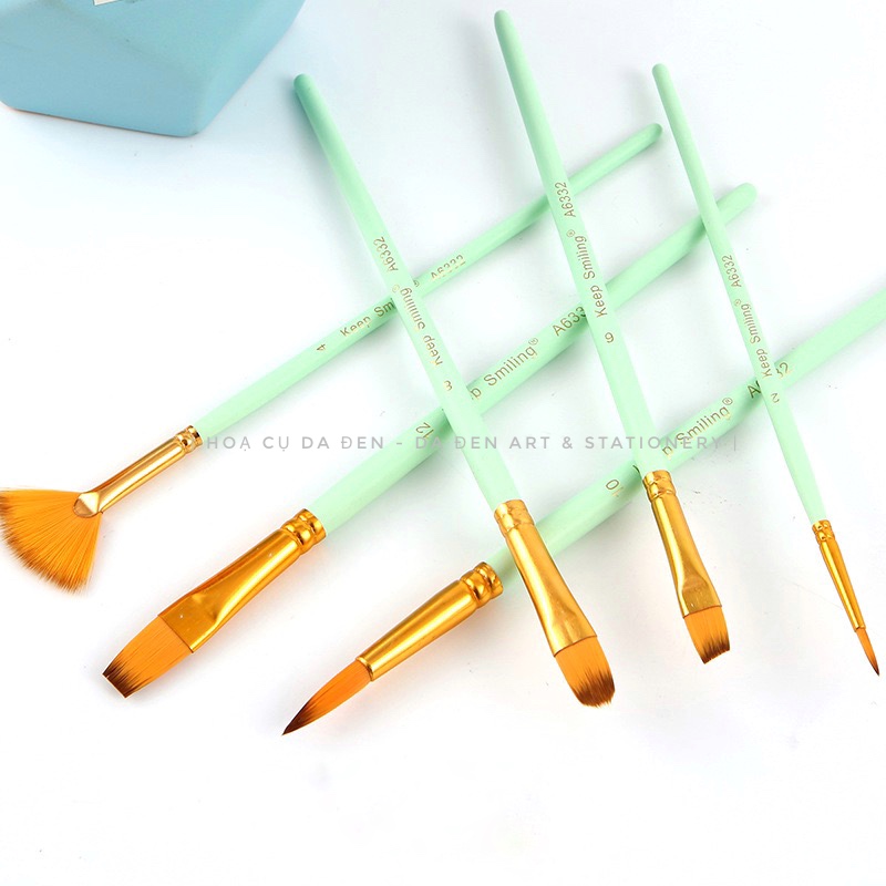 [DA ĐEN] Bộ 6 Cọ Vẽ Cơ Bản Keep Smiling Xanh Mint Pastel (A6332)