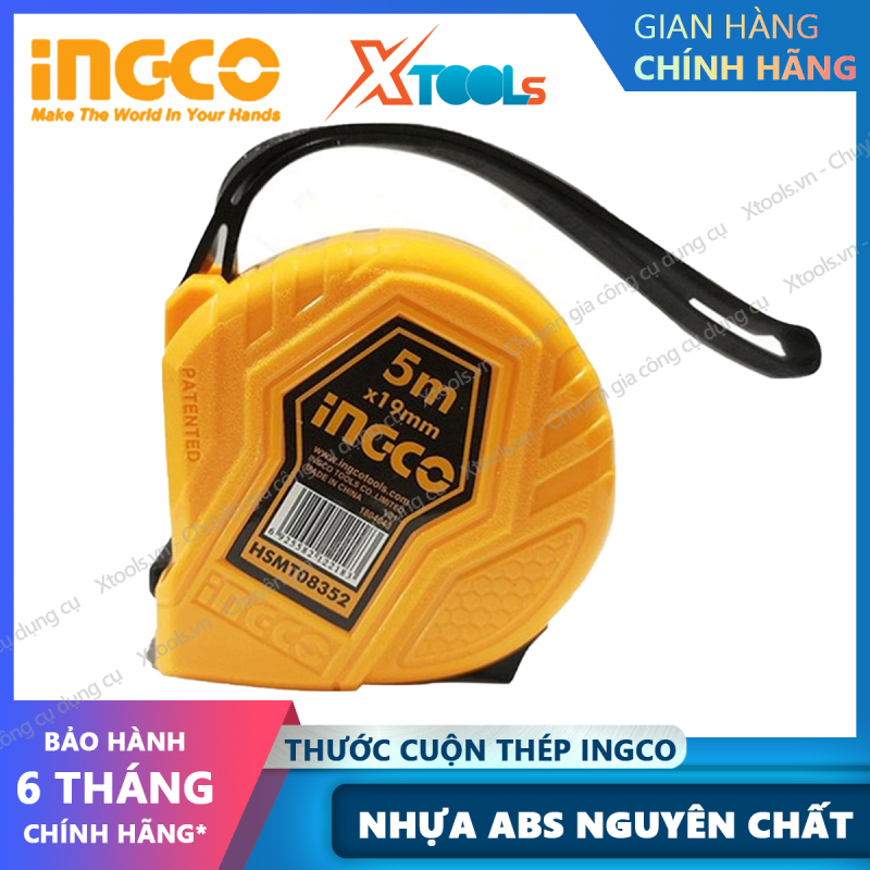 Thước cuộn thép nền vàng INGCO HSMT08352 19mmX5m, thước dây cuộn tự động 5m chất liệu ABS cứng chắc chống va đập [XTOOLs][XSAFE]