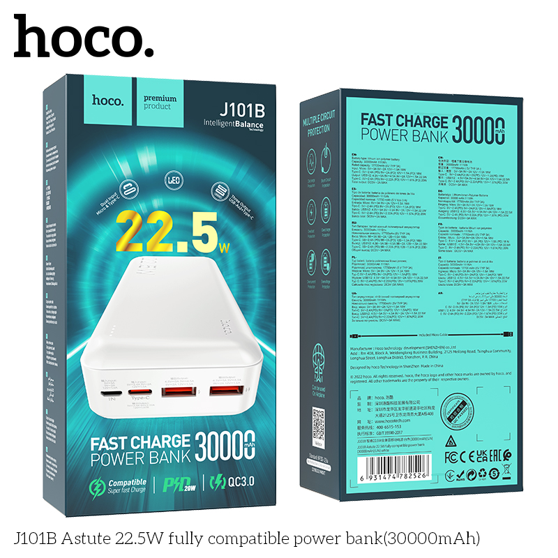 Pin dự phòng Hoco J101B 30000mAh USB QC 3.0 22.5W, TypeC PD 20W - Nhất Tín Computer