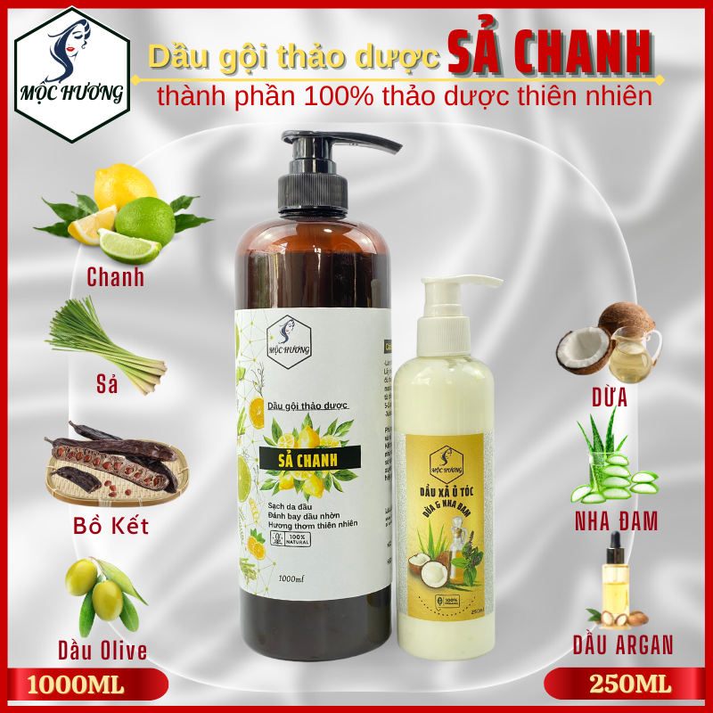 Cặp đôi dầu gội xả 1000ml+250ml sả chanh & xả dừa, nha đam mộc hương - sạch gàu, giảm nhờn, kích mọc tóc